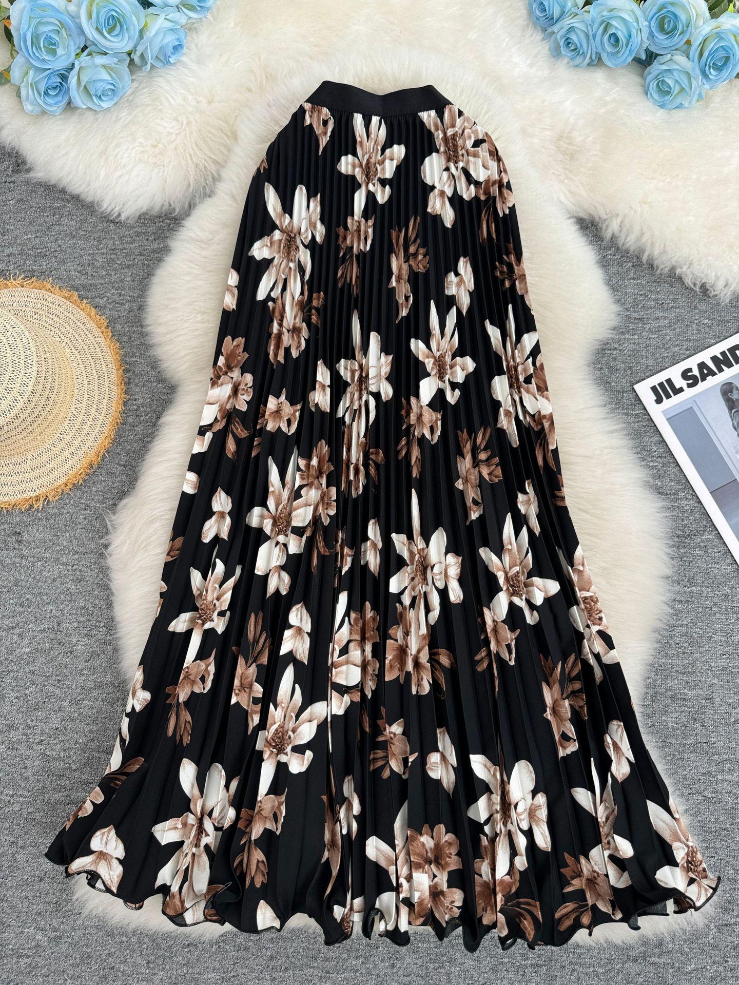 Women s Versatile High Waist A-Line Floral Pleated Midi Skirt One Size чёрный