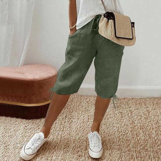 Women Shorts Elastic Mid-Waist Adjustable Drawstring Yoga Running Shorts with Pockets Solid Color Loose
