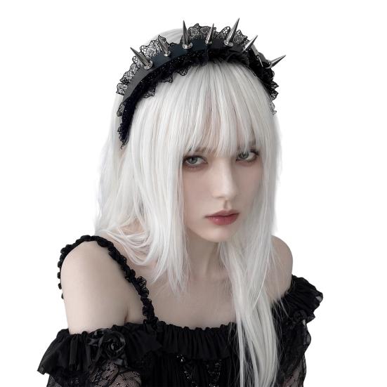 Headband with Sharp Metal Rivets Black Lace Adjustable Elastic Fit Hair Hoop Gothic