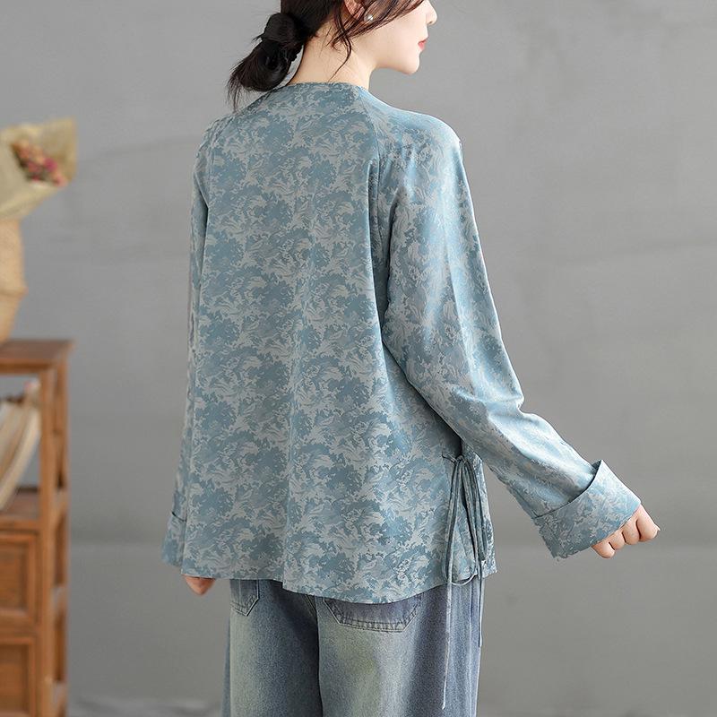 Himmelblaues Seidenjacquard-Damenhemd - 2026 Früher Frühling Chinesischer Stil