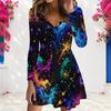 Women Plus Size V Neck Long Sleeve Rainbow Printed A Line Dress