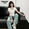 TonLion Women's Slim Fit Cropped U-Neck Short Sleeve T-Shirt