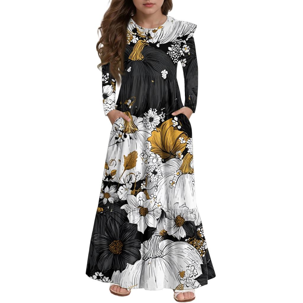 Robe à volants étagés pour filles Jour d'Halloween - Maxi imprimée à manches longues avec poches