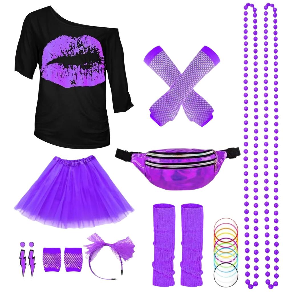 80s Outfit Women's Set, T-shirt, Belt Bag, Headband, Earring, Necklace, Fishnet Gloves, 80s Clothing Costume Neon Accessories Theme Party Clothes
