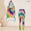 Women Plus Size Hooded Long Sleeve High Low Top Fitted Pants Green Beige Printed Two Piece Set
