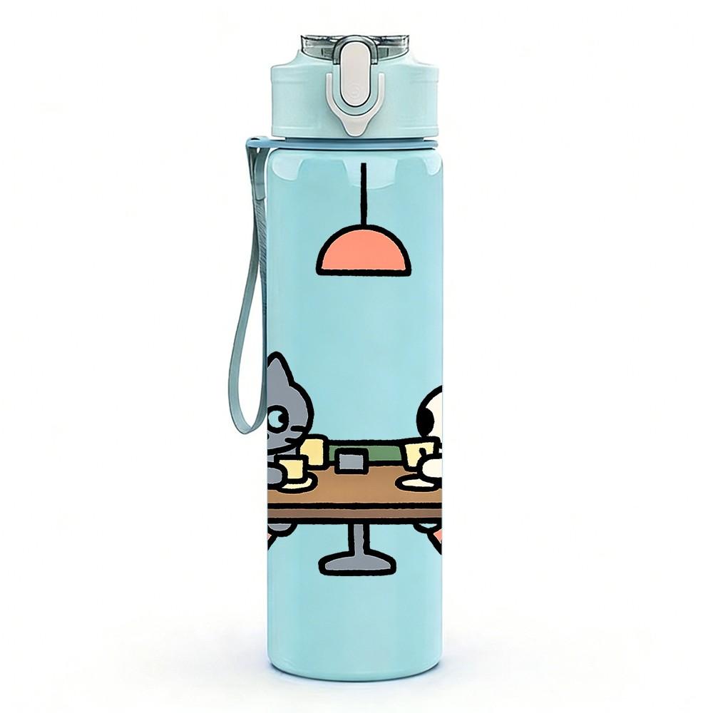 1PC Cat Dining Table Cartoon Print 750ml Color Plastic Sports Water Bottle Leakproof Flip Straw Lid Suitable for Sports Office Home Use