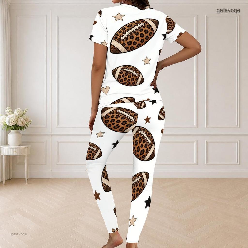 Women Plus Size V Neck Short Sleeve Leopard Christmas Tree Print White Pajama Set