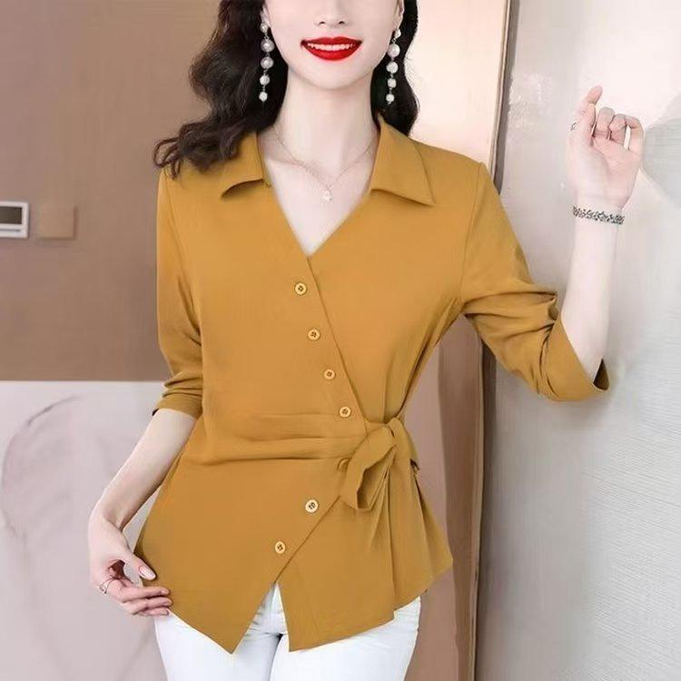 

2025 Autumn Elegant Tie-Up Irregular Long Sleeve Slimming Top for Women 5XL (recommended for 140-150 jin)