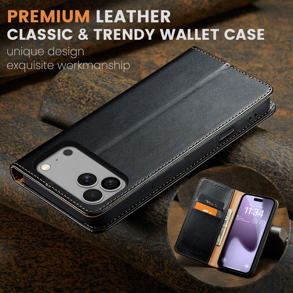 FIERRE SHANN For iPhone 17 Pro Case PU Leather Flip Stand Wallet Phone Cover