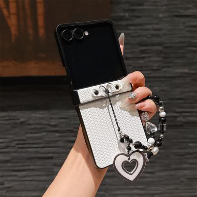 Custodia in Pelle per Telefono con Cinturino da Polso con Perline per Samsung Galaxy Z Flip 7 6 5 4 3 Flip7 FE Flip6 Flip5 Flip4 Cover Rigida Antiurto