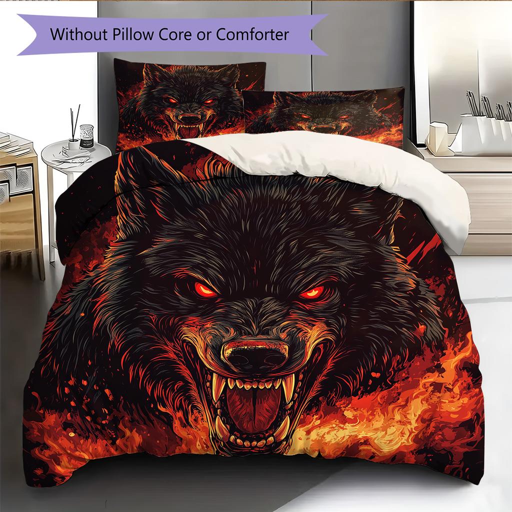 Flame Wolf Pattern Bedding Quilt Set Quilt Cover Pillowcase Home Decoration Gift (1 * duvet cover + 2 * pillowcase, without core)
