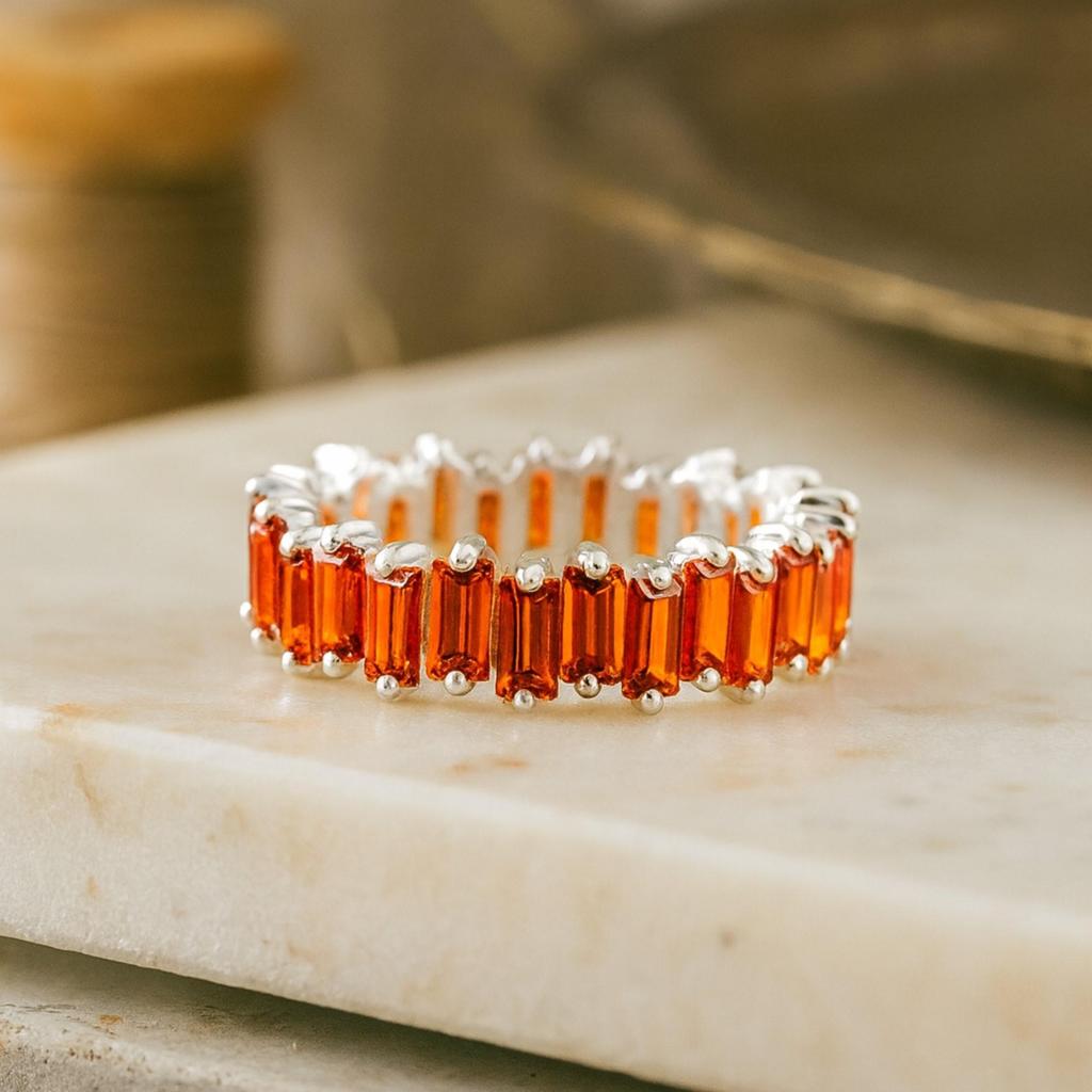 Yellow Gold Plated 925 Sterling Silver Garnet Eternity Band – Baguette Cut Red Stone Wide Statement Ring, Wedding & Anniversary Jewelry for Women