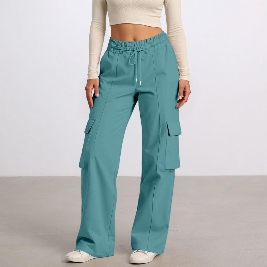 Women's Casual Fashion Solid Color Elastic Waist Drawstring Workwear Wide Leg Pants With Pockets