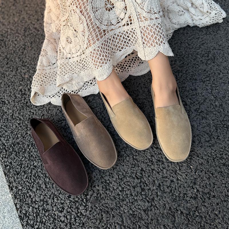 Johnature Retro Handmade Cow Suede Loafers Versatile Round Toe Soft Soled Women's Flat Slip-on Shoes