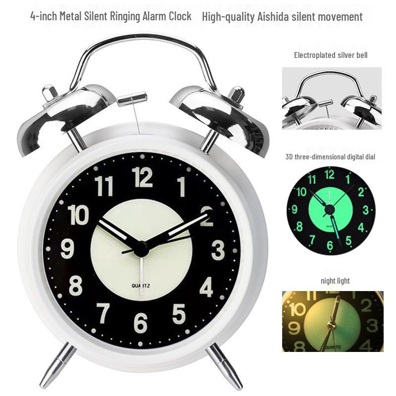 4-Inch Metal Silent Alarm Clock with Night Light - Ideal for Students and Children, Desktop Charging Silent Alarm Clock