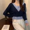 Fake Two-piece Contrasting V-neck Knitted Bottoming Shirt Women's Autumn Coat with Slim-fitting Sweater Inside, Small Short Top