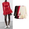 Spring New Women's Clothing French Style Patchwork Laminated Decoration Silm Long Sleeves Boat Neck Short Dress 0085308