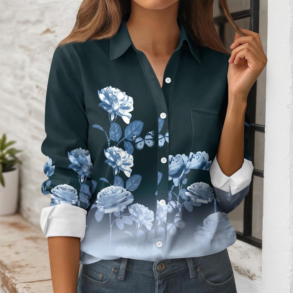 Women's Button Down Prints Shirt Long Sleeve Shirt Business Work Tops Casual With Pockets Jacket