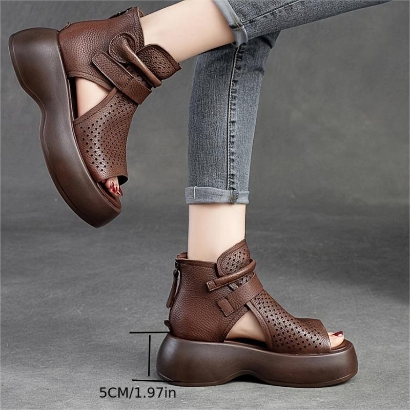 Women's Fashionable Versatile Fishbone Cutout Design Chunky Sole Breathable Roman Sandals