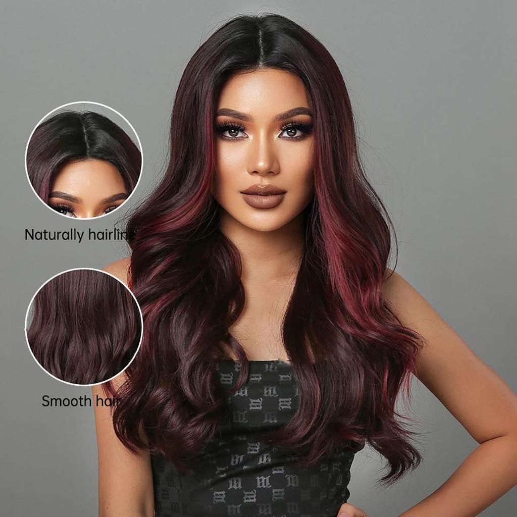 Damen 62 cm Haar weinrot langes lockiges Haar T-förmige vordere Spitze Rosen-Haarnetz Kopfbedeckung volle Kopfbedeckung reine handgewebte Carney-Kanekalon-Perücke