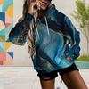 Women Plus Size Black Drawstring Hoodie Long Sleeve Blue Peony Tree Print Pullover Kangaroo Pocket