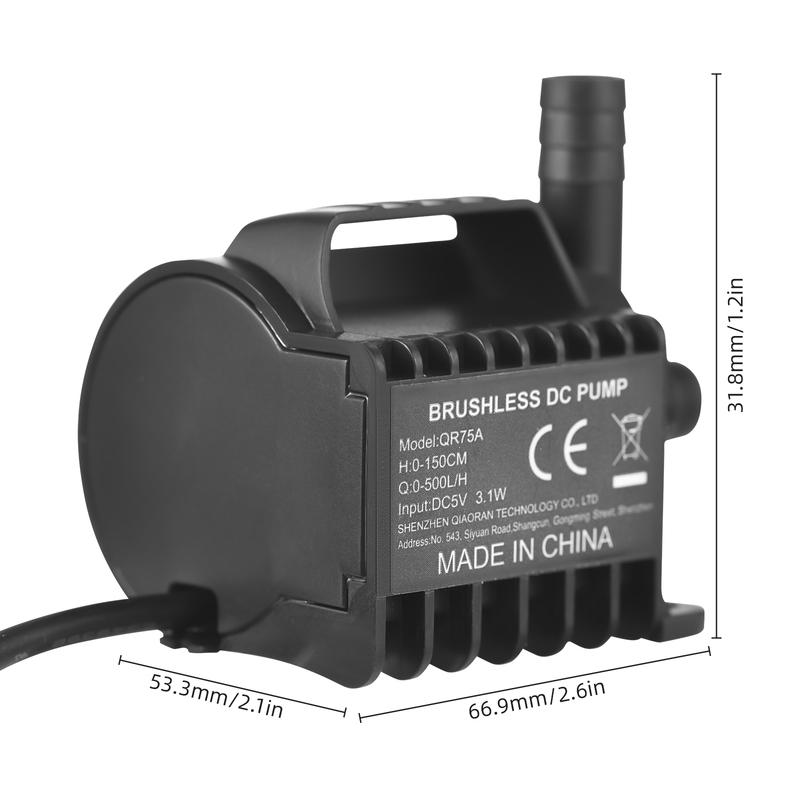Submersible Water Pump Electric 500L/H Small Fountain Pump with Max 4.9ft Lift, 6.5ft USB Cable and Suction Cup Base Portable