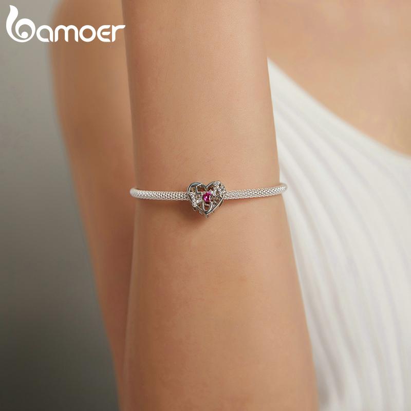 Bamoer 925 sterlingsølv platinabelagt dobbeltkjede hjertearmbånd, justerbart armbånd for hummerlås for kvinner