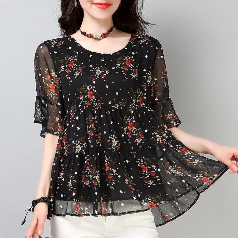 Damen Sommer lässig Übergröße Geblümte Bluse Kurzärmelig Temperament Rundhals T-Shirt