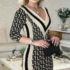 Fall Winter Women's Dresses Geometric Pattern Bodycon 7/8 Sleeve Mini Dress