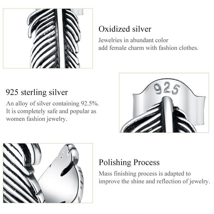 Bamoer 925 Sterling Silver Jewelry Dazzling Oxidized Light Feather Stud Earrings for Women Girls Gift Statement Jewelry