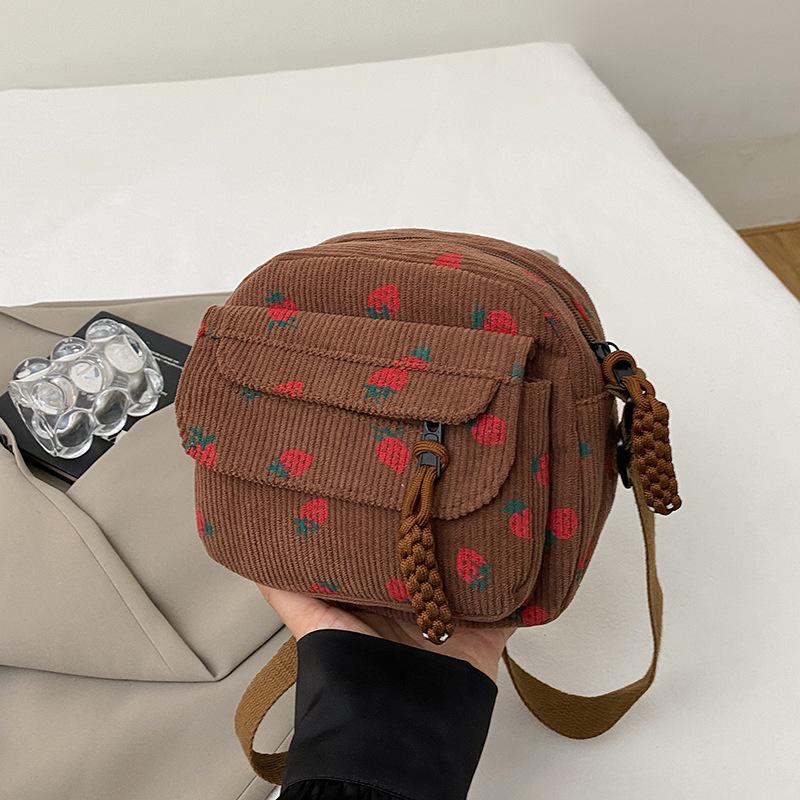 Pink Strawberry Print Corduroy Mini Backpack Cute Small Crossbody Bag With Woven Strap Daily Shopping Fashion Purse