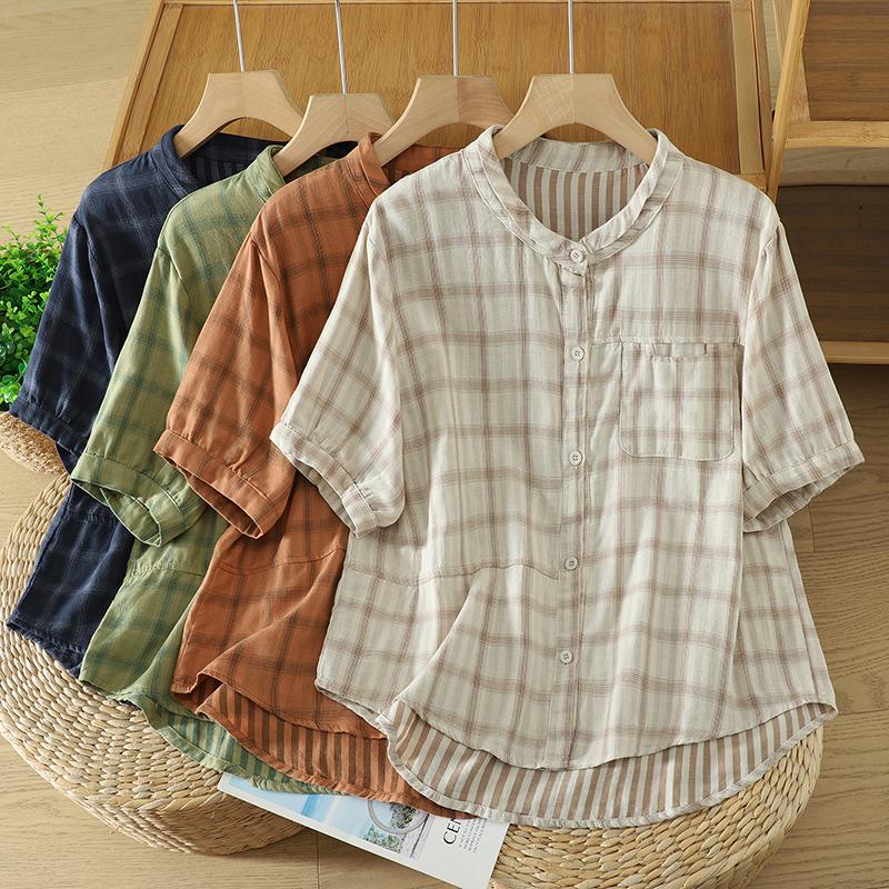 DIMANAF 2026 Plus Size Summer Women Blouse Shirts Tunic Oversize Loose Casual Cotton Lady Tops Vintage Plaid