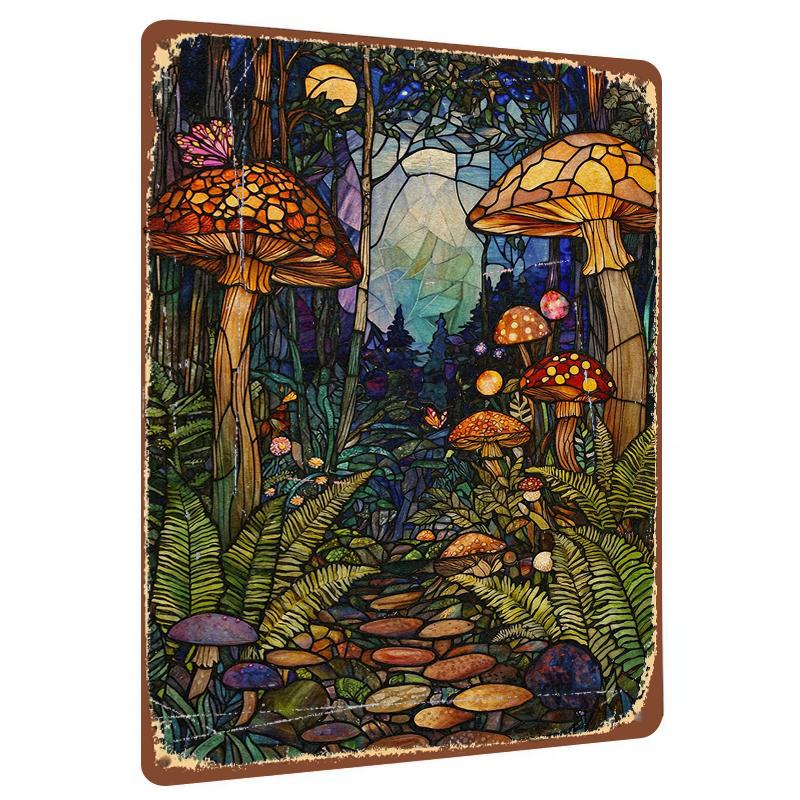 

Vintage Forest Mushroom Stained Glass Style Metal Wall Art Home Decorative Painting for Living Room 20x30cm（7.8x11.8inch）