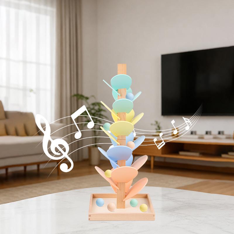 Macaron-Colored Beech Wood Music Tree: Montessori Sensory Roller Ball Toy for Early Learning