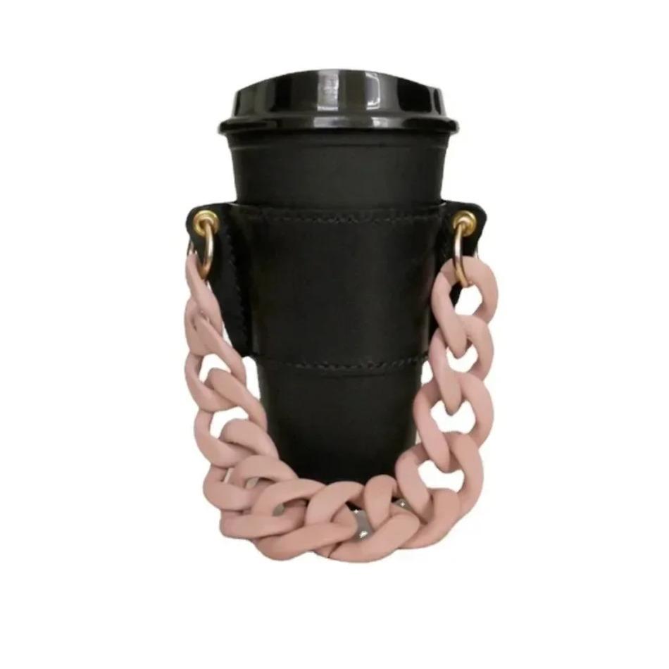 Fashion Custom Reusable Portable Leather Chain Cup Cover Case Takeaway Hold Milk Tea Drinks Coffee Cup Sleeves with Handle Chain