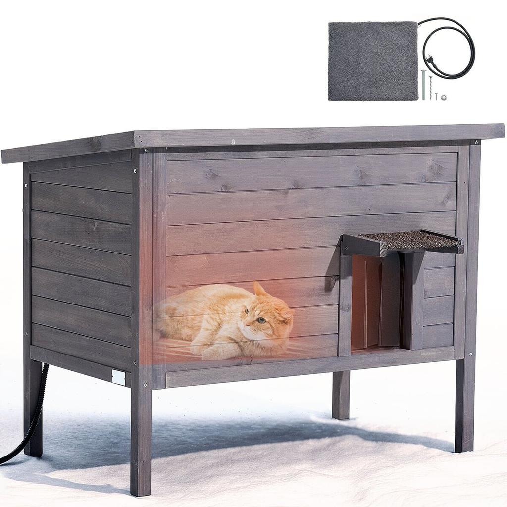 Beheiztes Katzenhaus, Isoliertes Holz-Katzenhaus für Freigänger, Wasserdichtes Unterschlupf für Streunerkatzen mit Heizmatte, PVC-Klappentür & Aufklappbares Bitumendach