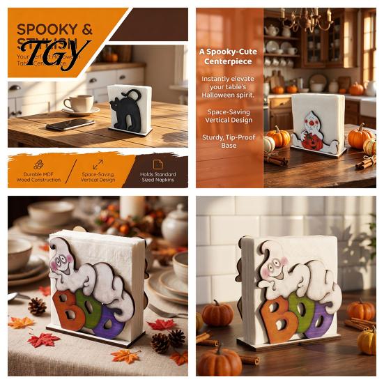 Funny Halloween Home Accessories Wood Napkin Holder, Vintage Rustic Dispenser Organizer, Spooky Ghost Holder Black Cat Boo Tissue Stand for