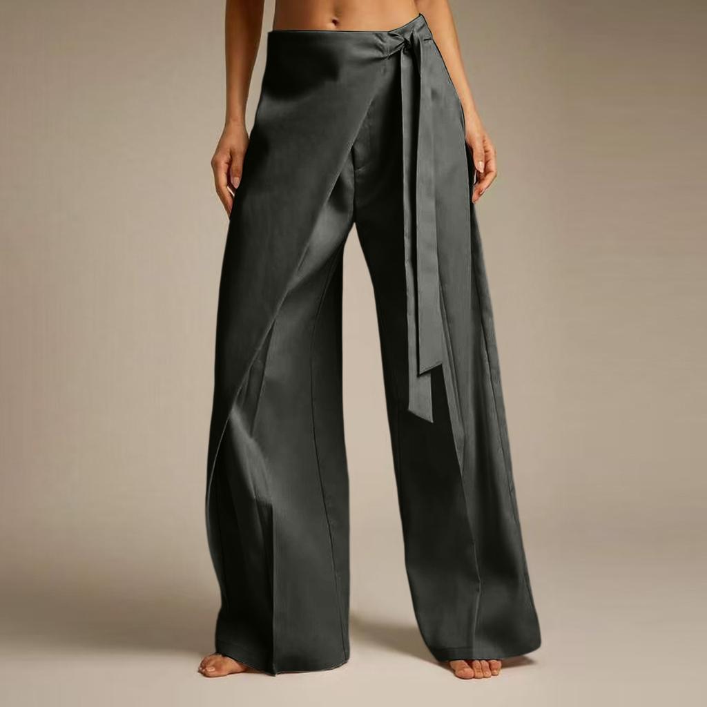 Women Casual Wide Leg Pants with Draped Overlay and Waist Tie Elegant Loose Fit Lightweight Fabric Suitable for Office and Daily Wear