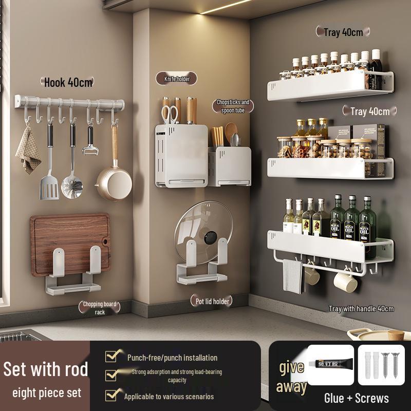 No-Drill Wall-Mounted Kitchen Storage Rack: Multifunctional Holder for Knives, Chopsticks, Pot Lids, and Seasoning Condiments