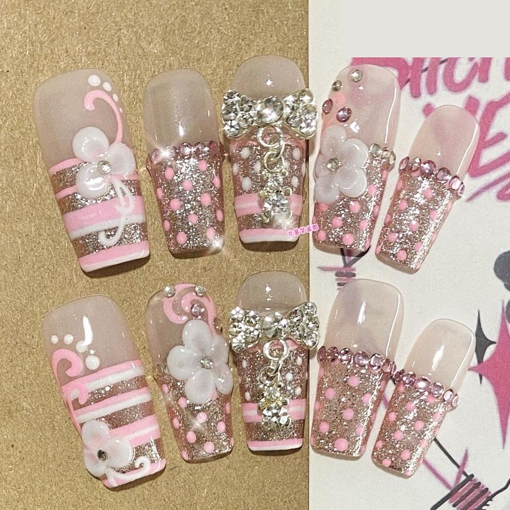 Kawaii Handmade Square Press On Nails Art Party Stickers Cute Flower Panda Bear Animal Custom Acrylic Fake Nails