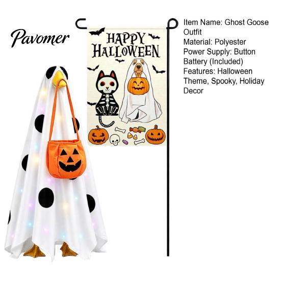 Halloween Ghost Decor Lighted Porch Goose Outfit And Flag Set for 23 Inch Statue, Outdoor Yard Ornament Spooky Clothes with Pumpkin Bucket Patio Lawn