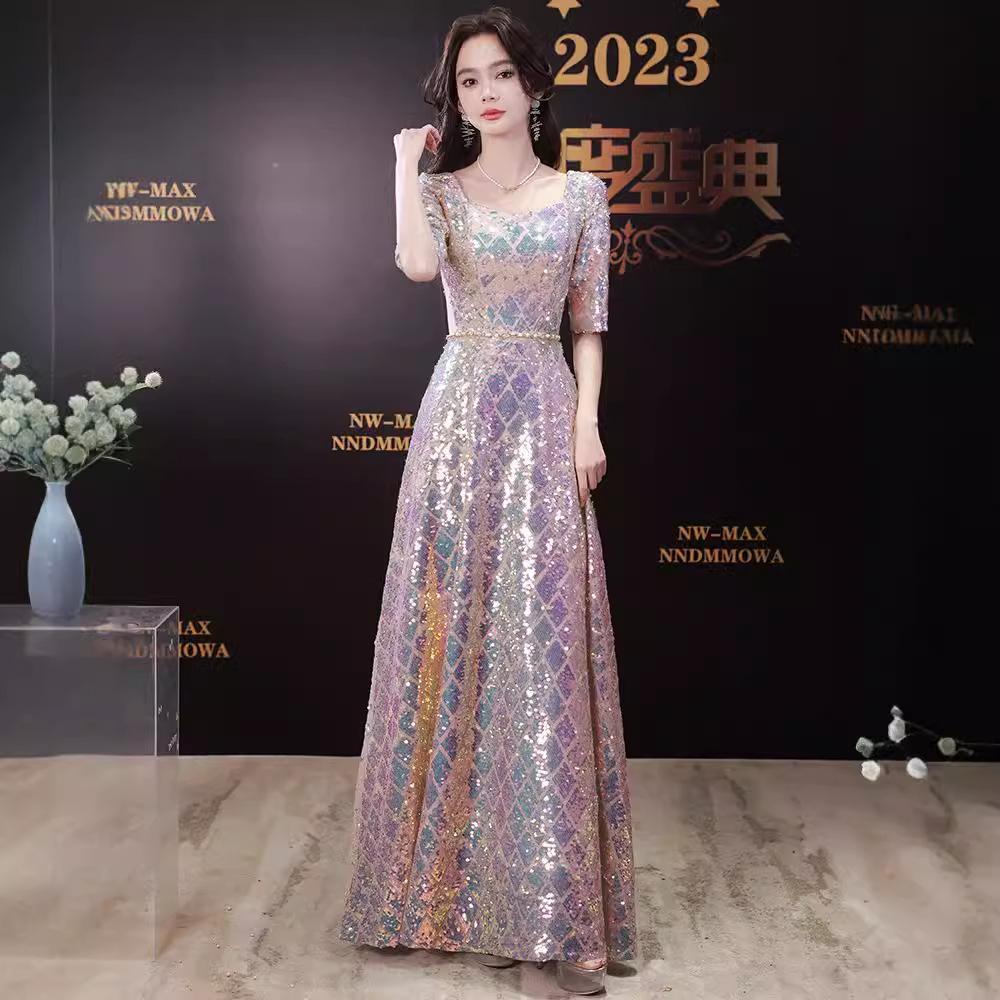 Style Atmospheric Banquet Evening Dress Dress Women's 1011 New Temperament Celebrity Sequins Light Luxury Niche Host Sense
