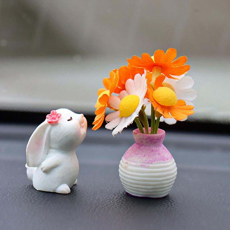 Cute Mini Bunny And Daisy Flower Vases Car Dashboard Decorations Fun Dashboard Ornament Kawaii Car Interior Accessories Rearview