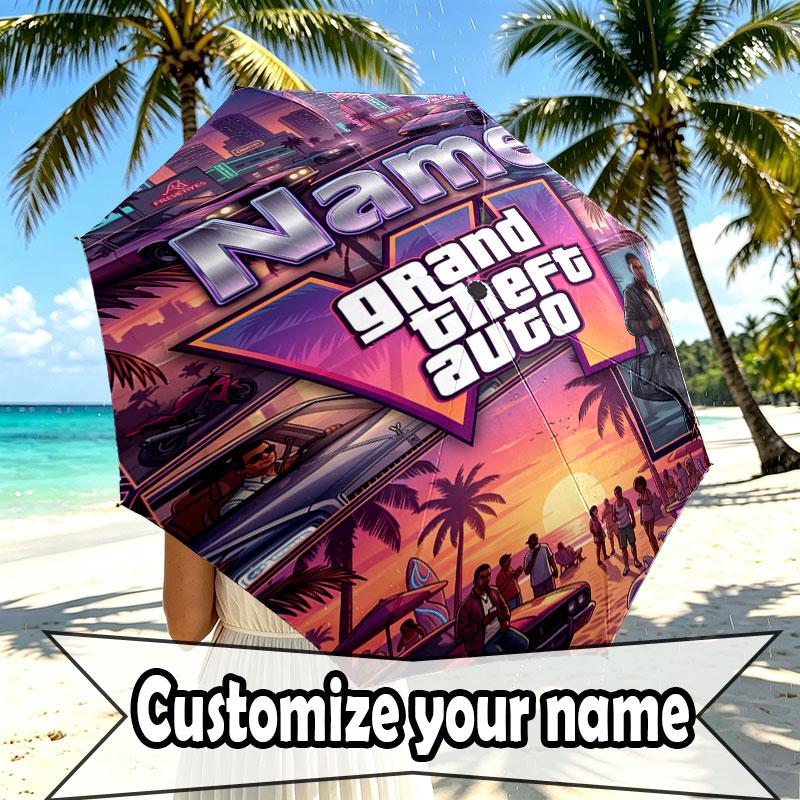 Custom Name Personalized Grand Theft Auto Print Umbrella, Auto Open Close, 8‑Rib Sturdy Frame, Commute Camping Hiking Use, Birthday Gift