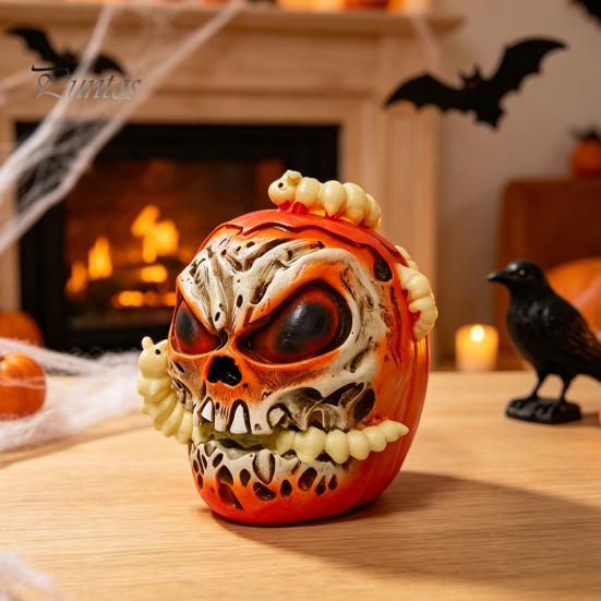 Niche Horror Collection Pieces Halloween Skull Apples Resin Statue, Gothic Spooky Decor with Tabletop Props Worm, Prop for Party Haunted House, Unique