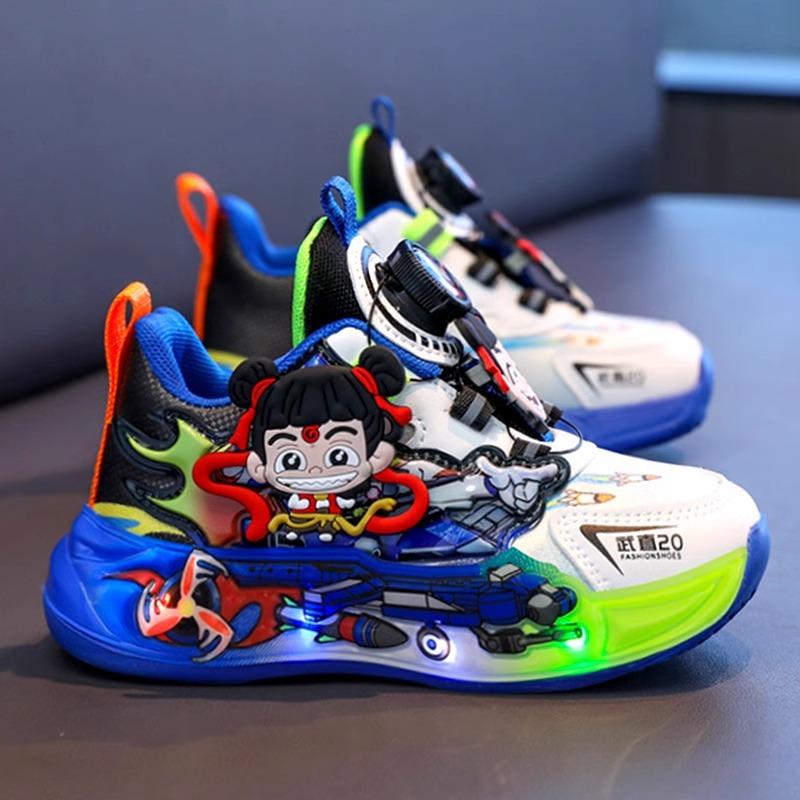 Nezha boys shoes 2025 new spring mesh breathable sneakers children's flashing dad shoes boys lightweight