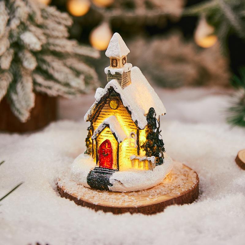 Christmas Decorations Luminous Resin Christmas Small House Micro Landscape Christmas Snow House Gift Ornaments