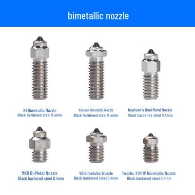 Bi-Metal Hardened Steel Nozzle for 3D Printers - Compatible with V6, MK8, Volcano, K1, Bamboo, Neptune Models.