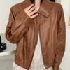 Womens PU Leather Jacket Short Loose Fit Casual Turn-Down Collar Windbreaker Lightweight Outerwear