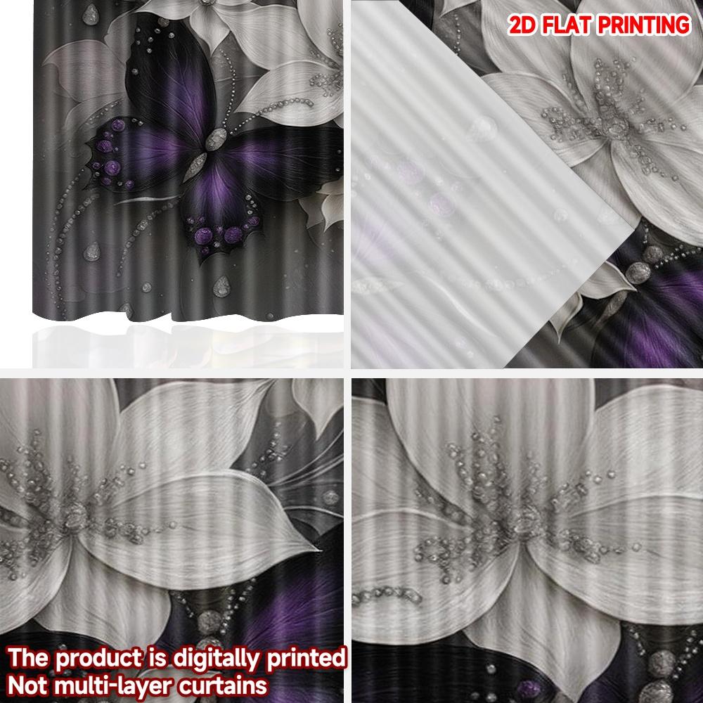Flat Printing Happy Valentine Day Curtains Black Purple Butterfly White Flower Digital Printed Polyester Drapes Set Of 2 Made